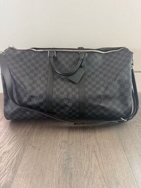 Louis Vuitton Black Check Duffel Travel Bag with Removable Strap